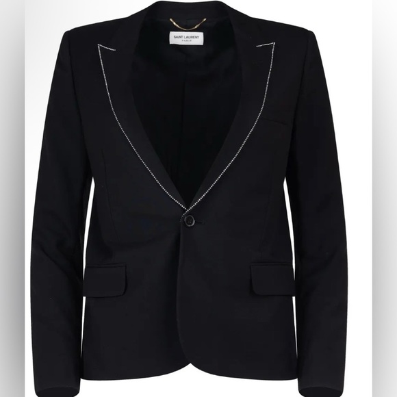 Saint Laurent Black Rhinestone-Embellished Virgin Wool Blazer Jacket - Picture 1 of 4